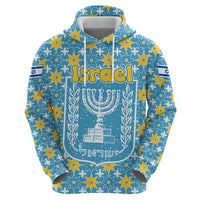 Israel Christmas Zip Hoodie with Blue-Yellow Star Pattern, Menorah, and Santa Motif - Wonder Print Shop