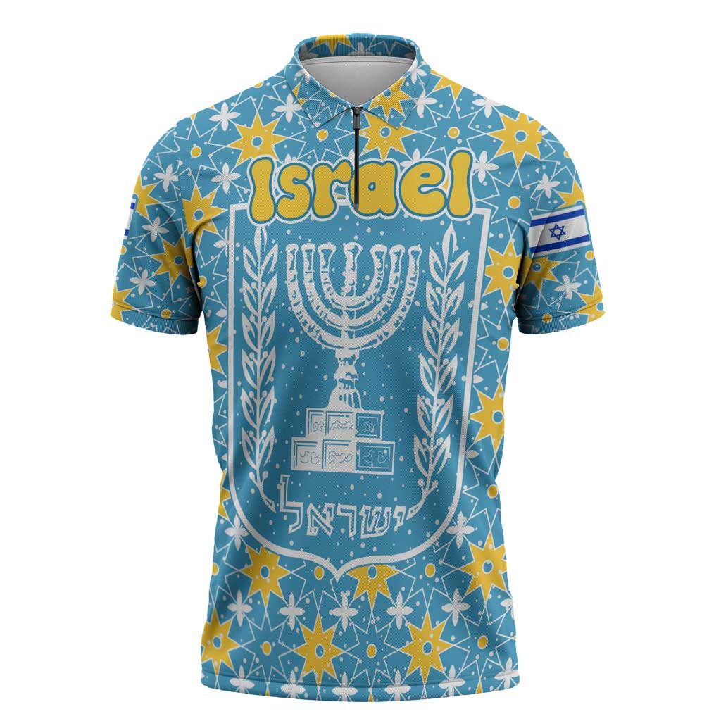 Israel Christmas Zipper Polo Shirt with Blue-Yellow Star Pattern, Menorah, and Santa Motif - Wonder Print Shop