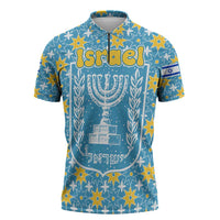 Israel Christmas Zipper Polo Shirt with Blue-Yellow Star Pattern, Menorah, and Santa Motif - Wonder Print Shop