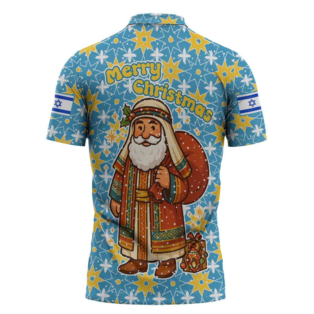 Israel Christmas Zipper Polo Shirt with Blue-Yellow Star Pattern, Menorah, and Santa Motif - Wonder Print Shop