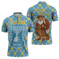Israel Christmas Zipper Polo Shirt with Blue-Yellow Star Pattern, Menorah, and Santa Motif - Wonder Print Shop