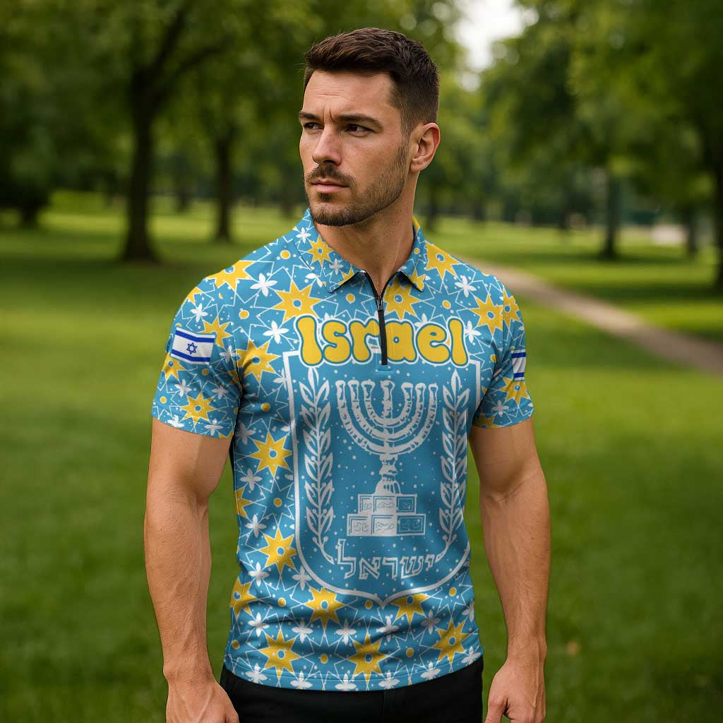 Israel Christmas Zipper Polo Shirt with Blue-Yellow Star Pattern, Menorah, and Santa Motif - Wonder Print Shop