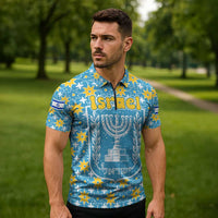 Israel Christmas Zipper Polo Shirt with Blue-Yellow Star Pattern, Menorah, and Santa Motif - Wonder Print Shop