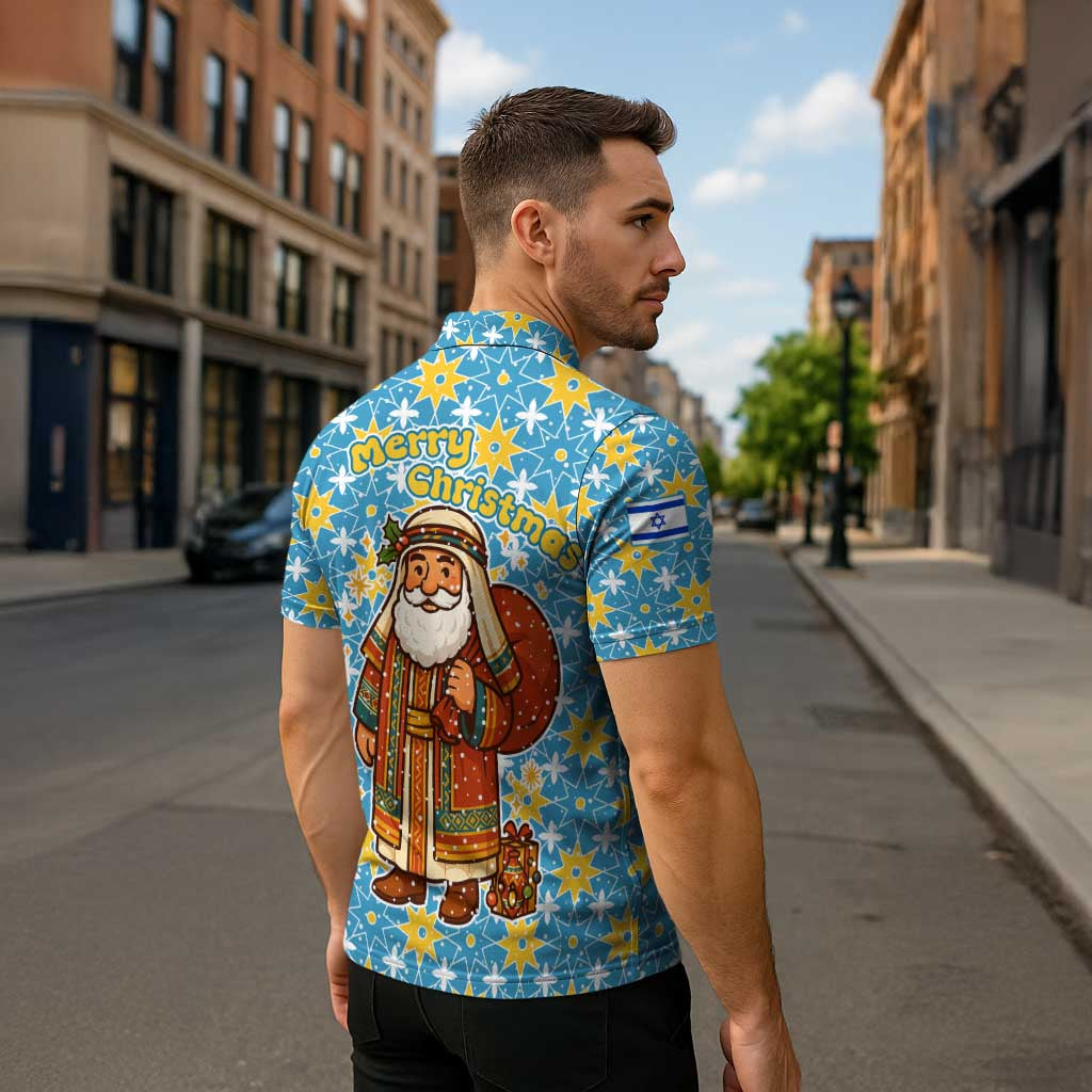 Israel Christmas Zipper Polo Shirt with Blue-Yellow Star Pattern, Menorah, and Santa Motif - Wonder Print Shop