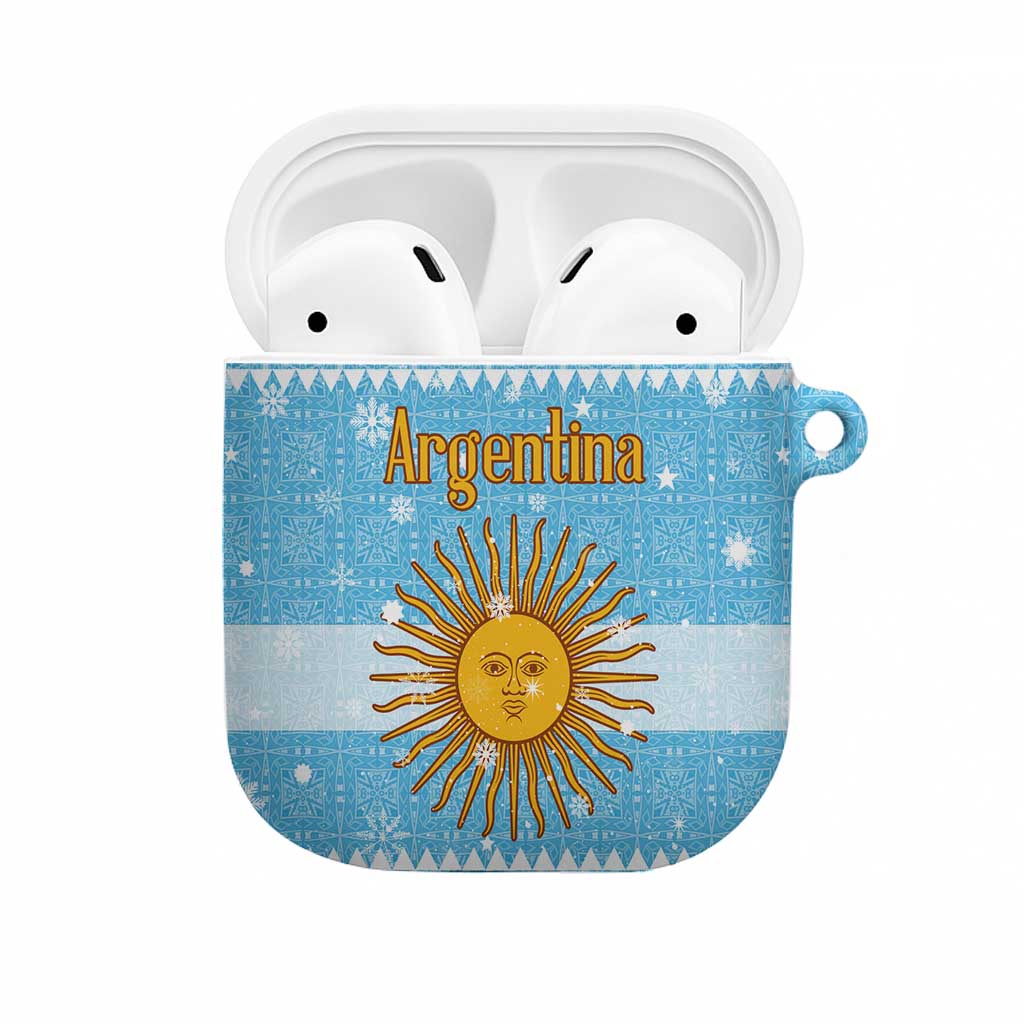 Argentina Christmas AirPods Case with Blue-White Snowflake Pattern, Sun Emblem, and Map Motif - Wonder Print Shop