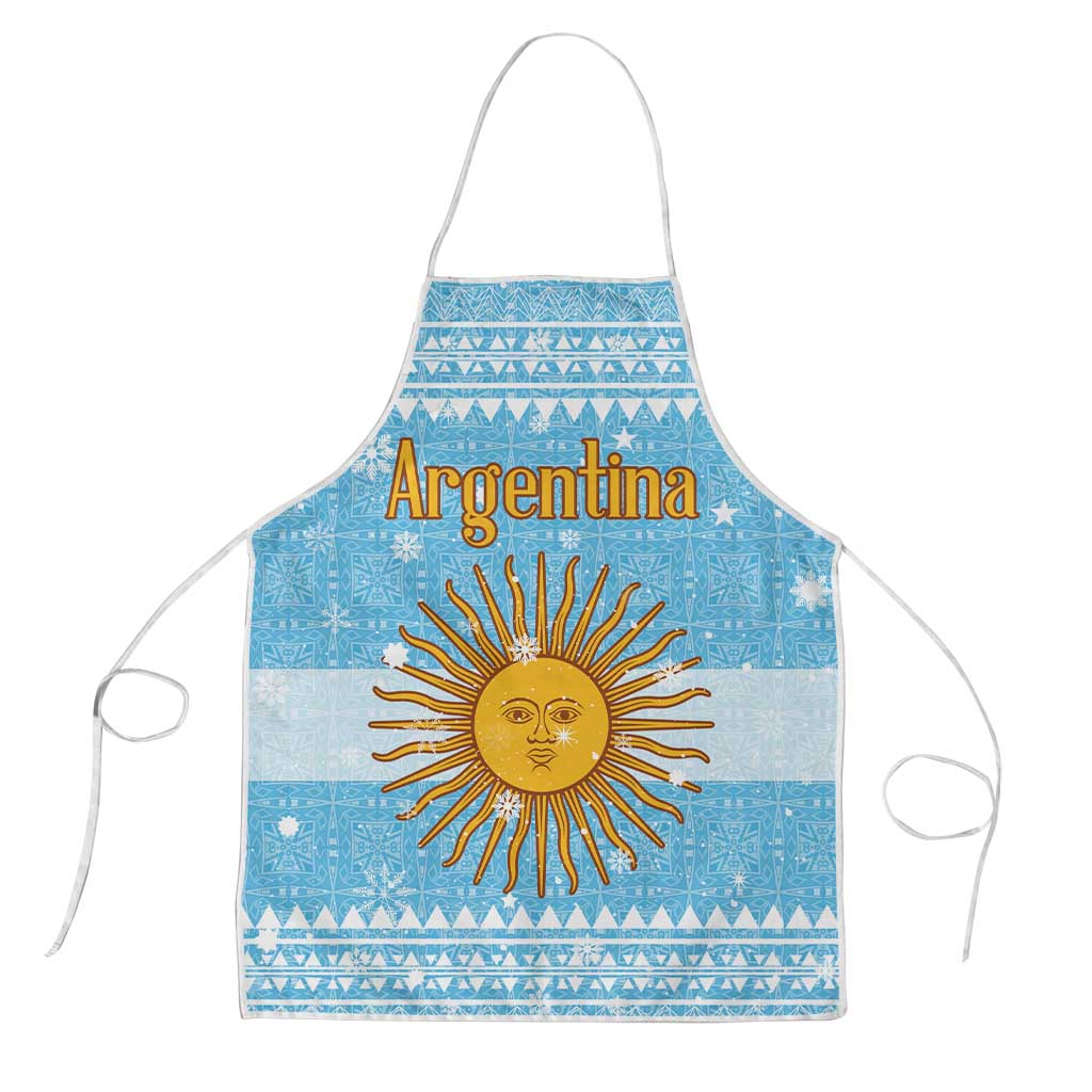 Argentina Christmas Apron with Blue-White Snowflake Pattern, Sun Emblem, and Map Motif - Wonder Print Shop