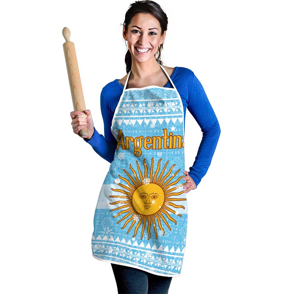 Argentina Christmas Apron with Blue-White Snowflake Pattern, Sun Emblem, and Map Motif - Wonder Print Shop