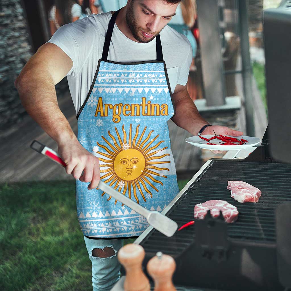 Argentina Christmas Apron with Blue-White Snowflake Pattern, Sun Emblem, and Map Motif - Wonder Print Shop