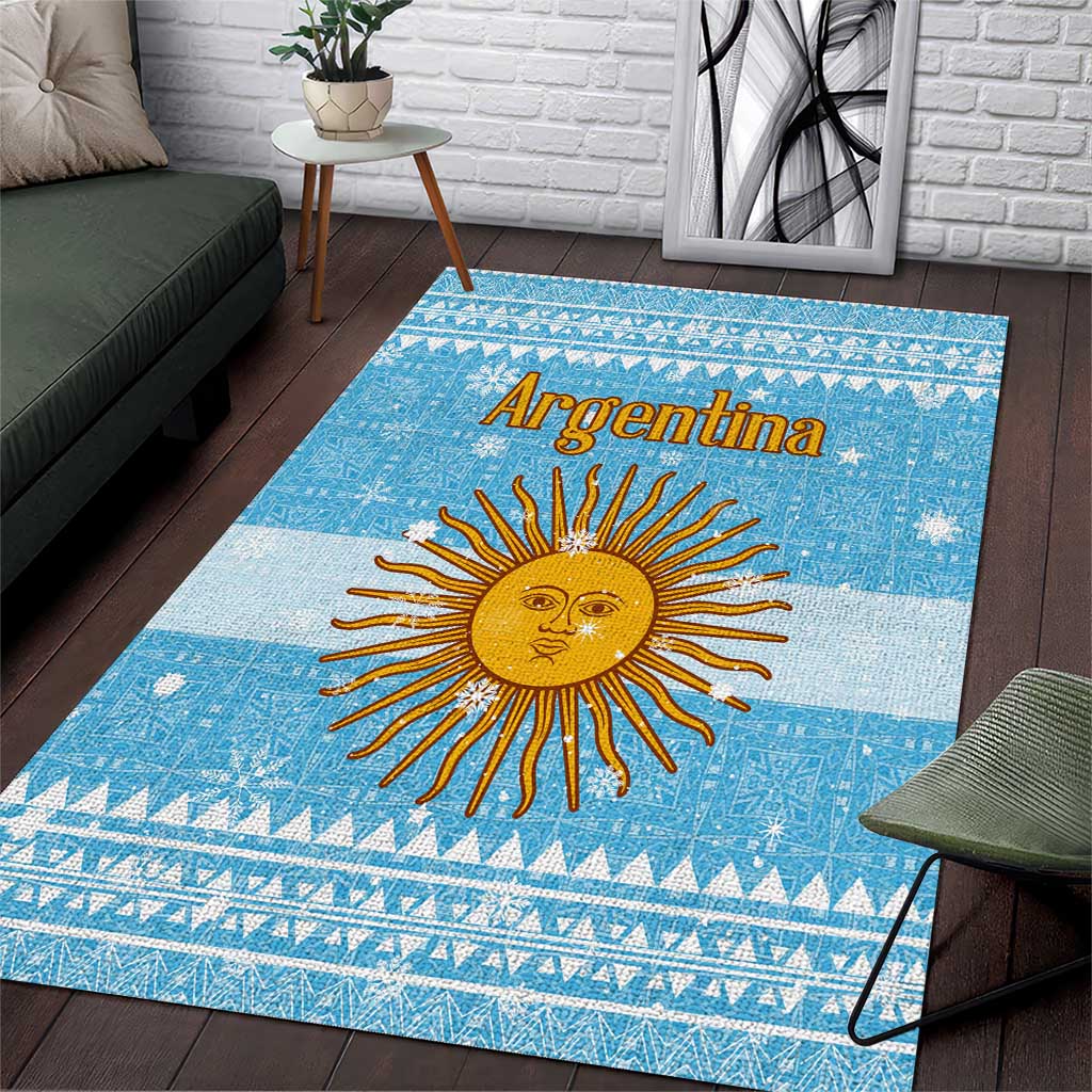Argentina Christmas Area Rug with Blue-White Snowflake Pattern, Sun Emblem, and Map Motif - Wonder Print Shop