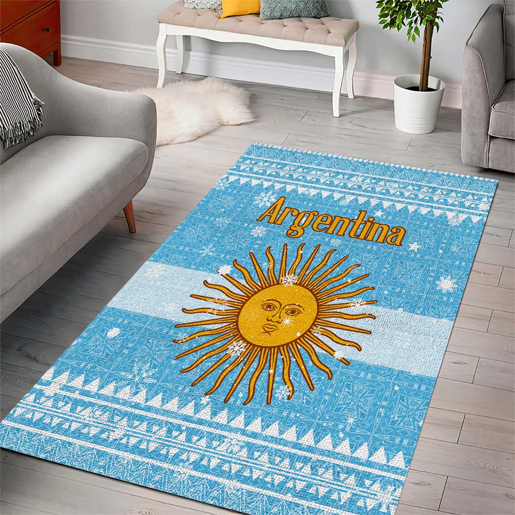 Argentina Christmas Area Rug with Blue-White Snowflake Pattern, Sun Emblem, and Map Motif - Wonder Print Shop
