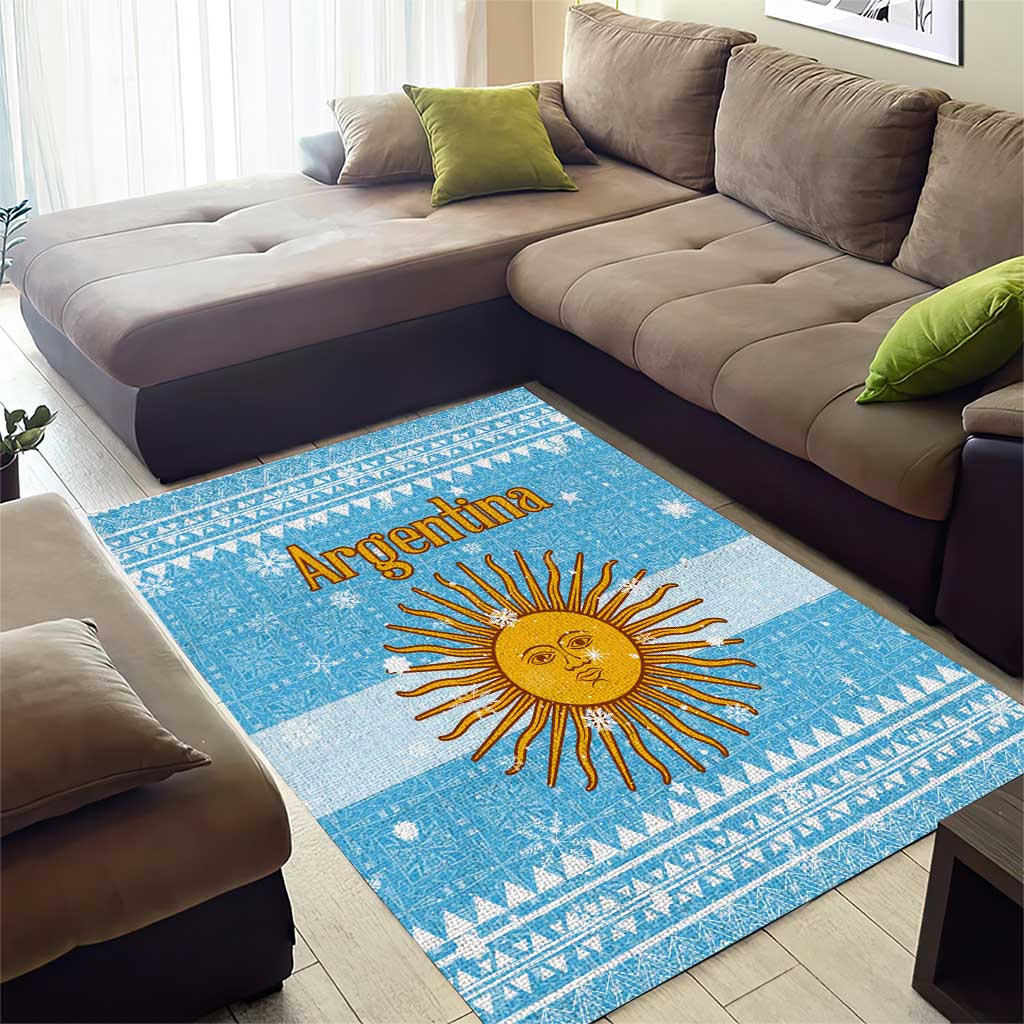 Argentina Christmas Area Rug with Blue-White Snowflake Pattern, Sun Emblem, and Map Motif - Wonder Print Shop