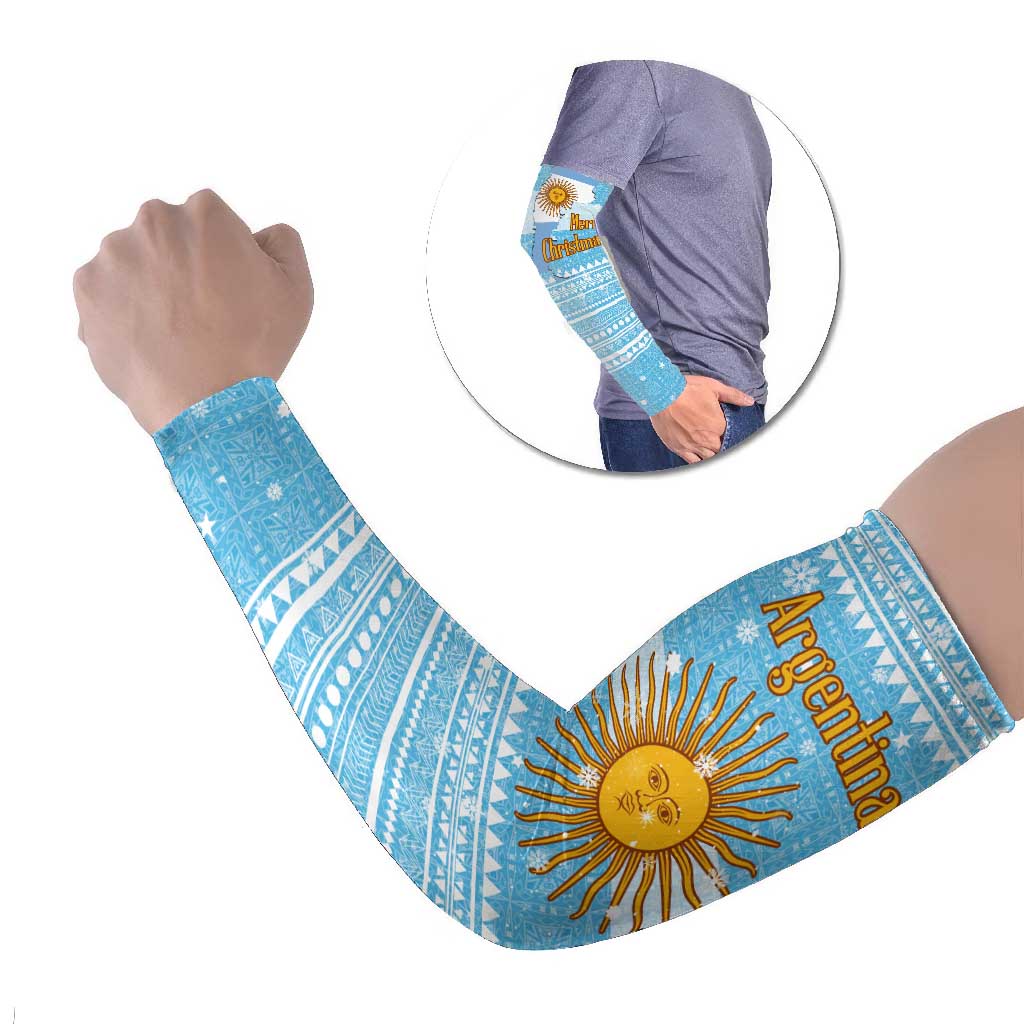 Argentina Christmas Arm Sleeves with Blue-White Snowflake Pattern, Sun Emblem, and Map Motif - Wonder Print Shop