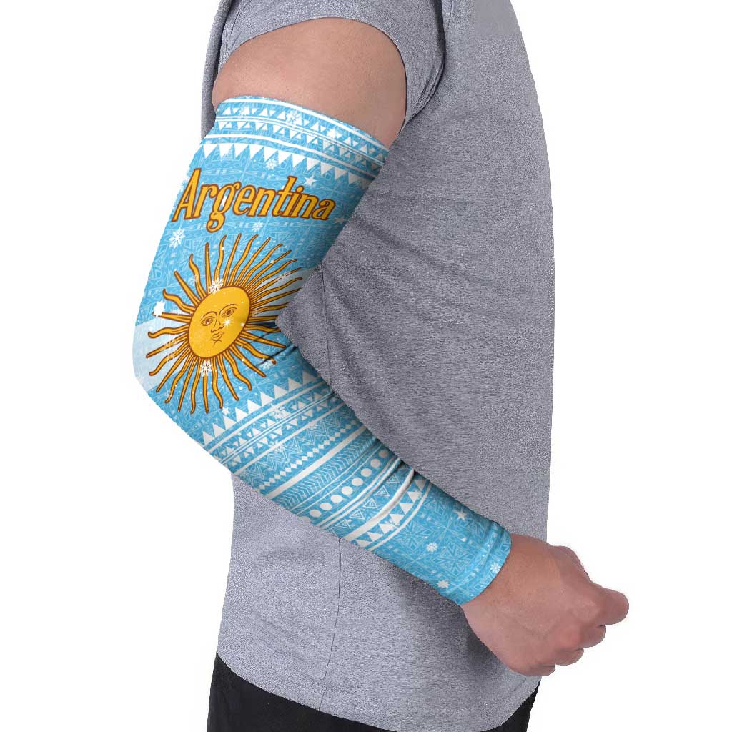 Argentina Christmas Arm Sleeves with Blue-White Snowflake Pattern, Sun Emblem, and Map Motif - Wonder Print Shop