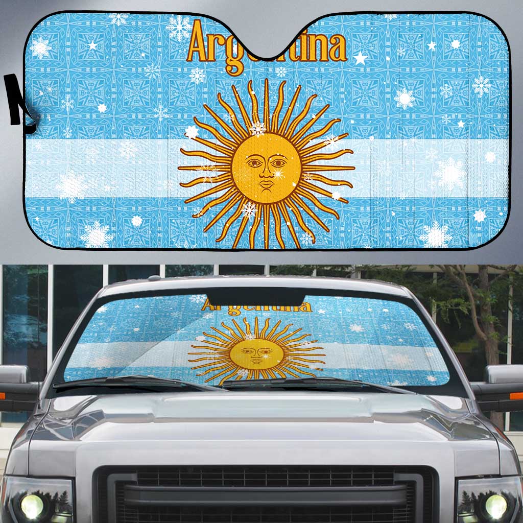 Argentina Christmas Auto Sun Shade with Blue-White Snowflake Pattern, Sun Emblem, and Map Motif - Wonder Print Shop