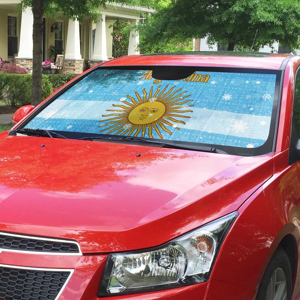 Argentina Christmas Auto Sun Shade with Blue-White Snowflake Pattern, Sun Emblem, and Map Motif - Wonder Print Shop