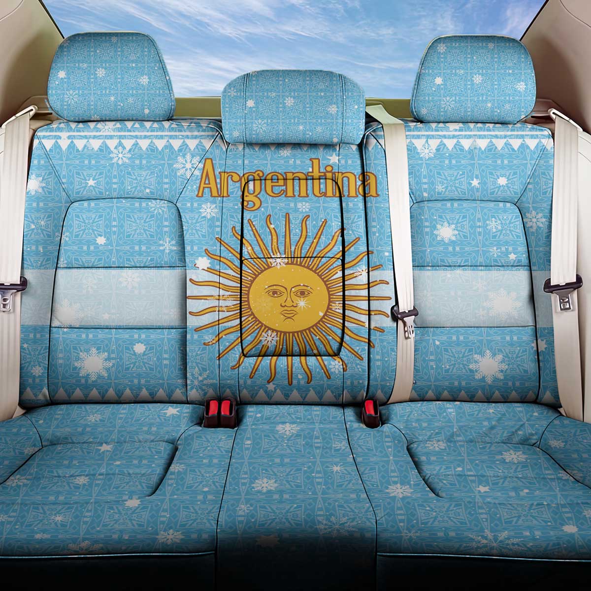 Argentina Christmas Back Car Seat Cover with Blue-White Snowflake Pattern, Sun Emblem, and Map Motif - Wonder Print Shop