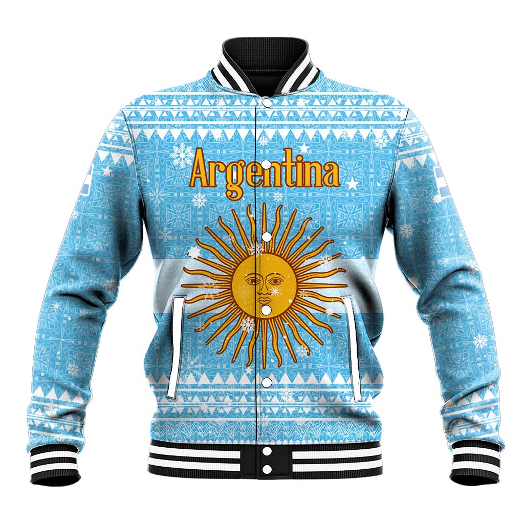 Argentina Christmas Baseball Jacket with Blue-White Snowflake Pattern, Sun Emblem, and Map Motif - Wonder Print Shop