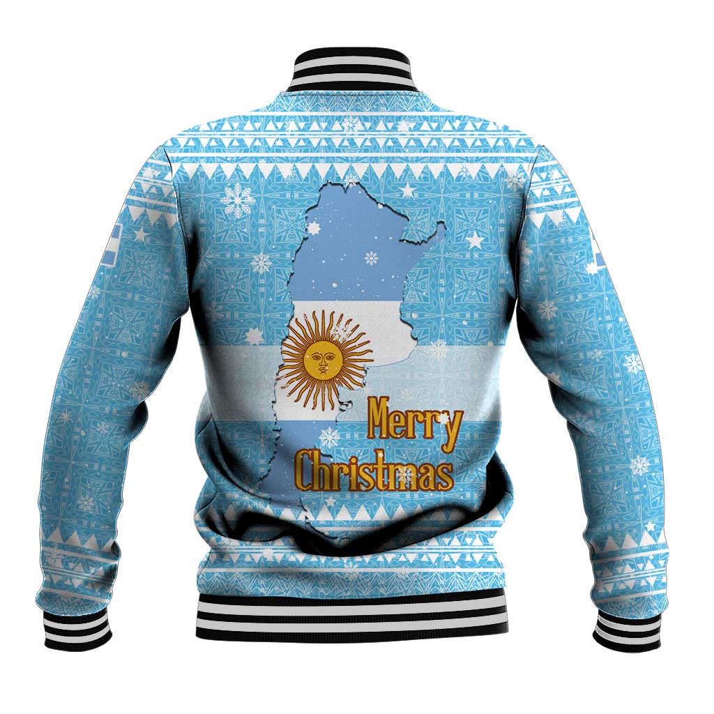 Argentina Christmas Baseball Jacket with Blue-White Snowflake Pattern, Sun Emblem, and Map Motif - Wonder Print Shop