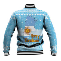 Argentina Christmas Baseball Jacket with Blue-White Snowflake Pattern, Sun Emblem, and Map Motif - Wonder Print Shop
