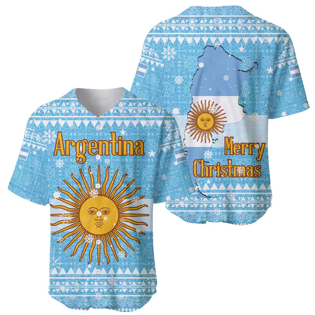 Argentina Christmas Baseball Jersey with Blue-White Snowflake Pattern, Sun Emblem, and Map Motif - Wonder Print Shop