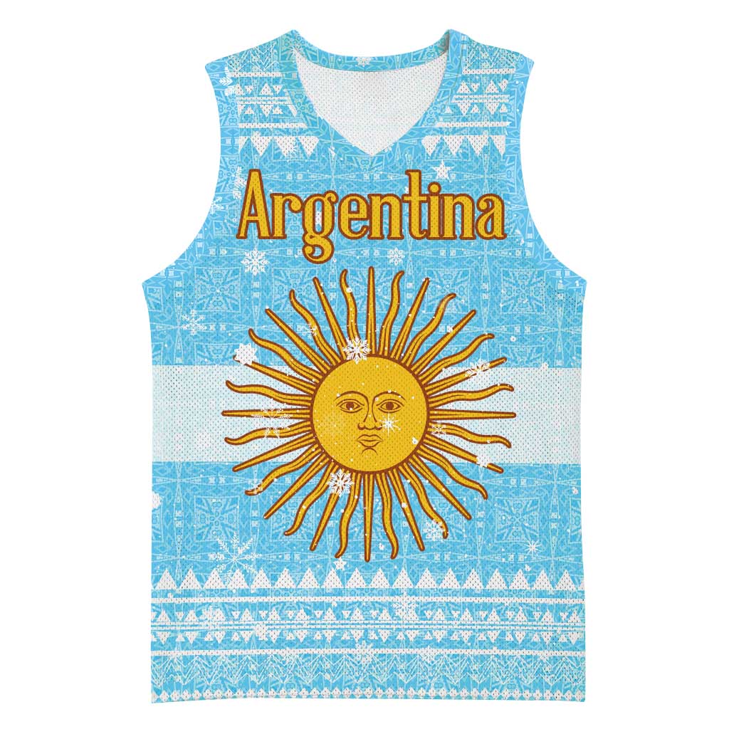 Argentina Christmas Basketball Jersey with Blue-White Snowflake Pattern, Sun Emblem, and Map Motif - Wonder Print Shop