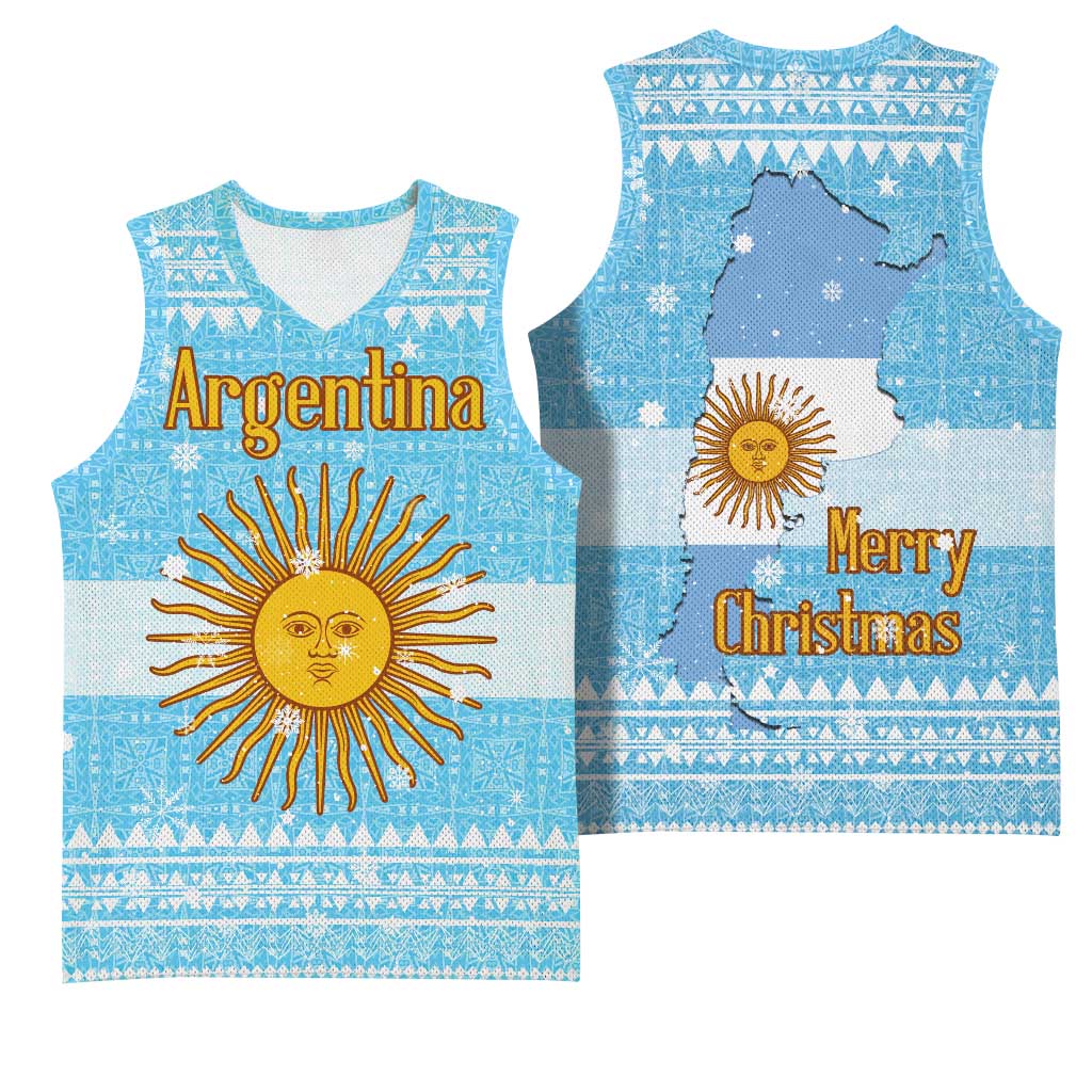 Argentina Christmas Basketball Jersey with Blue-White Snowflake Pattern, Sun Emblem, and Map Motif - Wonder Print Shop