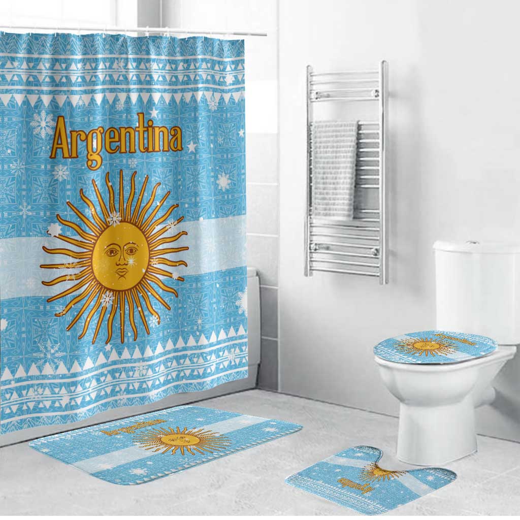 Argentina Christmas Bathroom Set with Blue-White Snowflake Pattern, Sun Emblem, and Map Motif - Wonder Print Shop