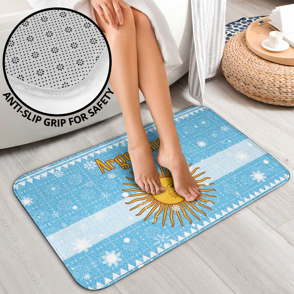 Argentina Christmas Bathroom Set with Blue-White Snowflake Pattern, Sun Emblem, and Map Motif - Wonder Print Shop