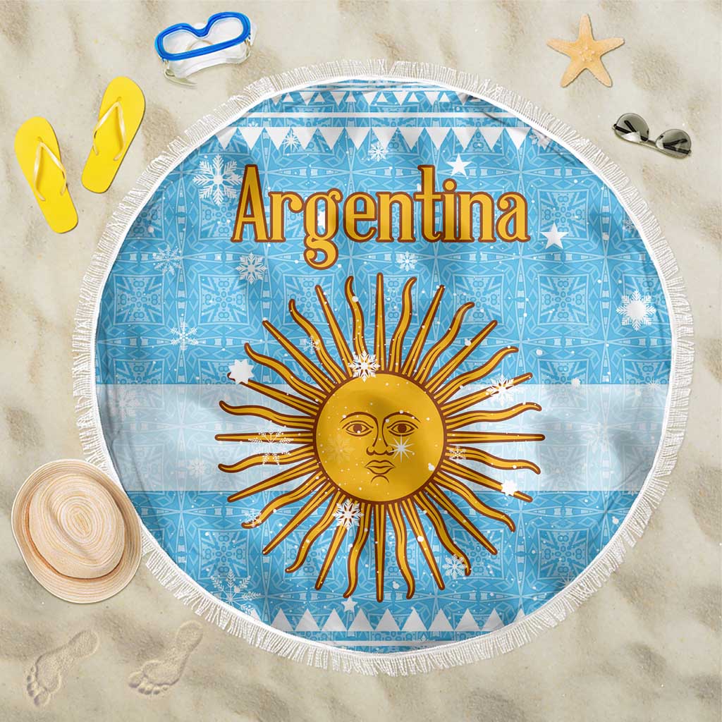Argentina Christmas Beach Blanket with Blue-White Snowflake Pattern, Sun Emblem, and Map Motif - Wonder Print Shop