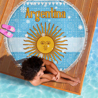 Argentina Christmas Beach Blanket with Blue-White Snowflake Pattern, Sun Emblem, and Map Motif - Wonder Print Shop