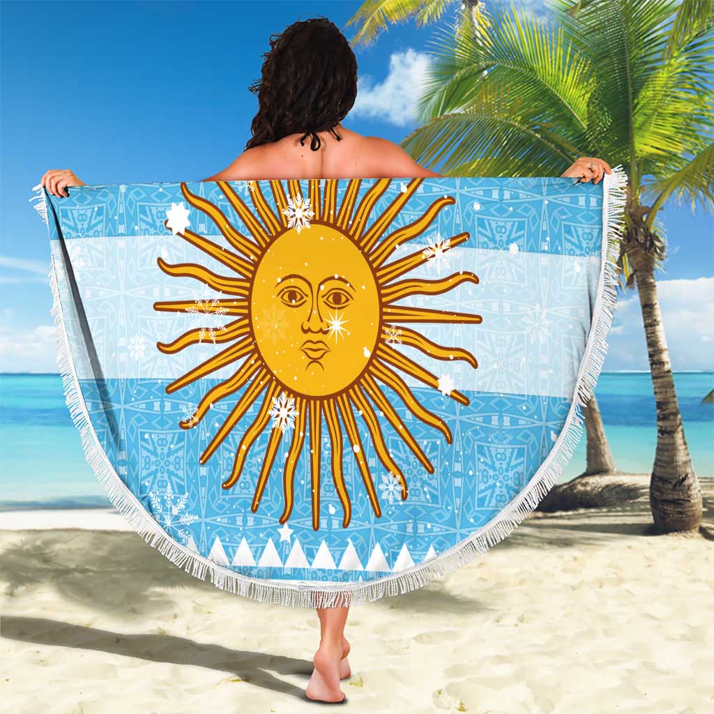 Argentina Christmas Beach Blanket with Blue-White Snowflake Pattern, Sun Emblem, and Map Motif - Wonder Print Shop