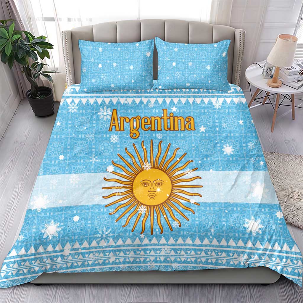 Argentina Christmas Bedding Set with Blue-White Snowflake Pattern, Sun Emblem, and Map Motif - Wonder Print Shop