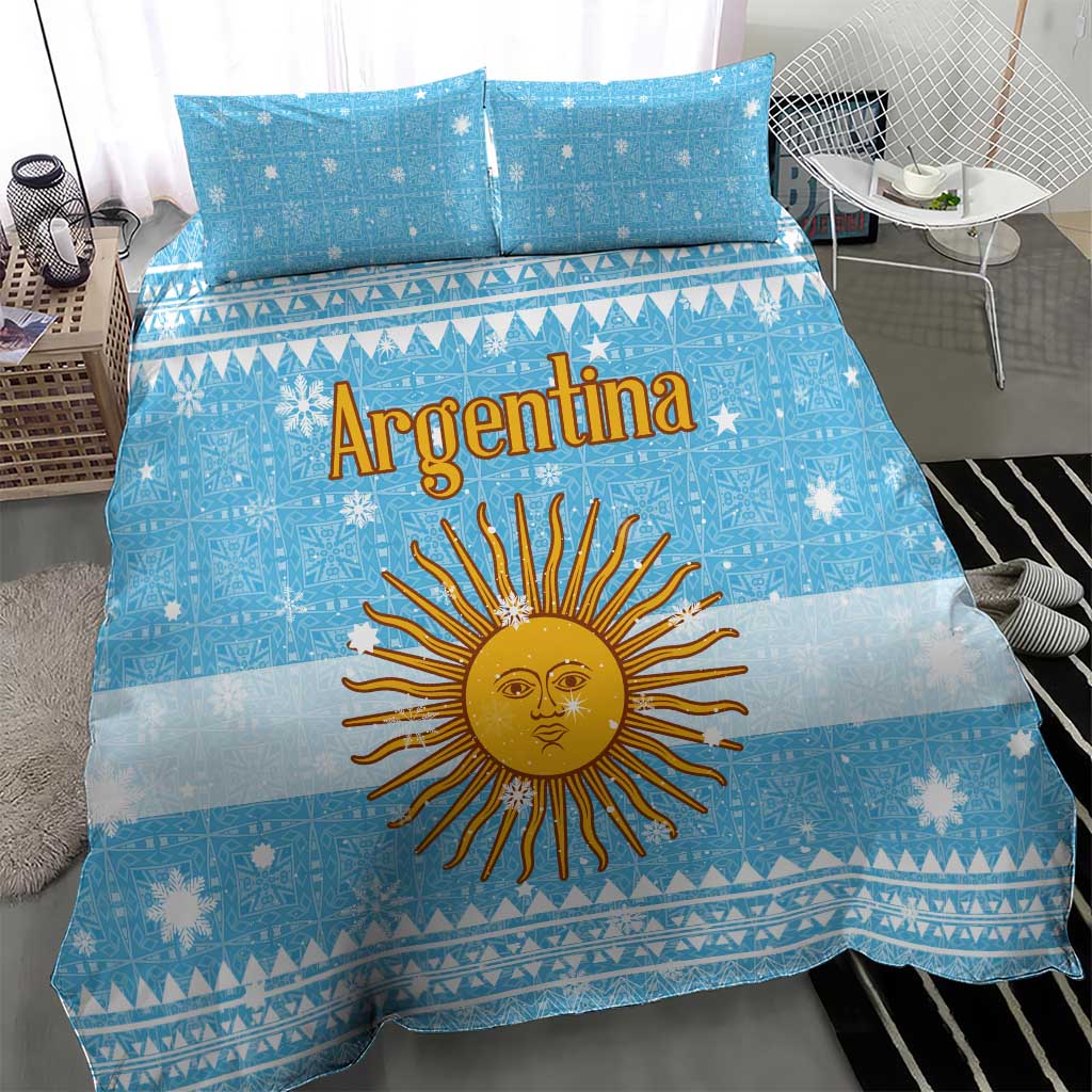 Argentina Christmas Bedding Set with Blue-White Snowflake Pattern, Sun Emblem, and Map Motif - Wonder Print Shop