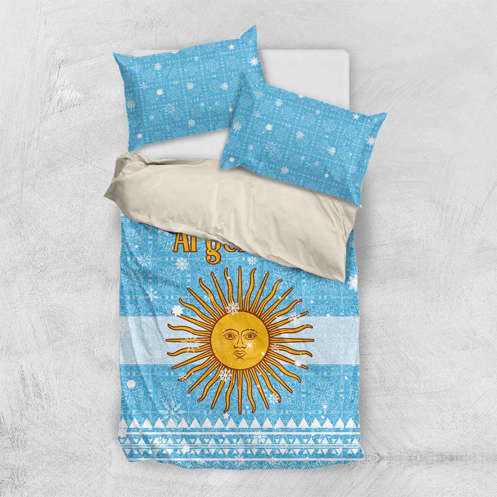 Argentina Christmas Bedding Set with Blue-White Snowflake Pattern, Sun Emblem, and Map Motif - Wonder Print Shop