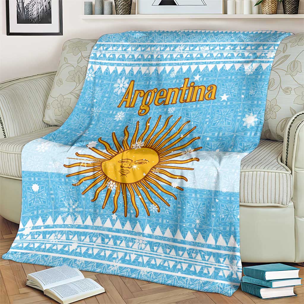 Argentina Christmas Blanket with Blue-White Snowflake Pattern, Sun Emblem, and Map Motif - Wonder Print Shop