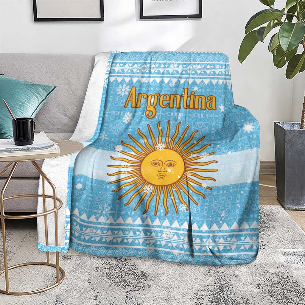 Argentina Christmas Blanket with Blue-White Snowflake Pattern, Sun Emblem, and Map Motif - Wonder Print Shop
