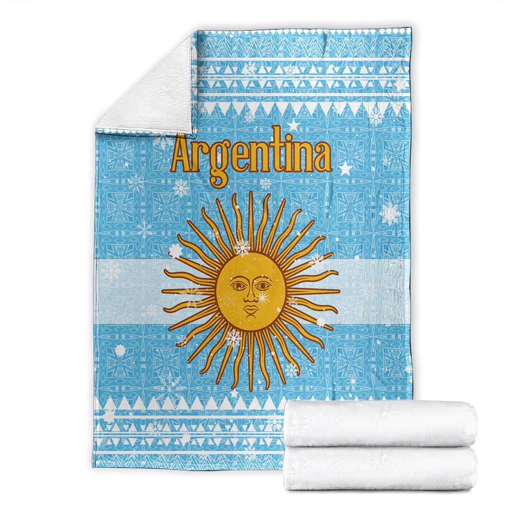 Argentina Christmas Blanket with Blue-White Snowflake Pattern, Sun Emblem, and Map Motif - Wonder Print Shop