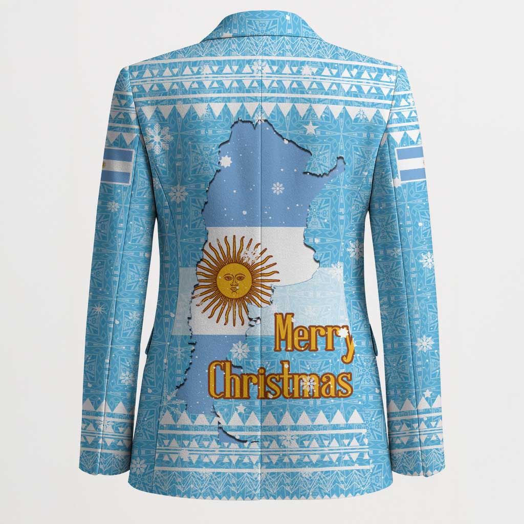 Argentina Christmas Blazer with Blue-White Snowflake Pattern, Sun Emblem, and Map Motif - Wonder Print Shop