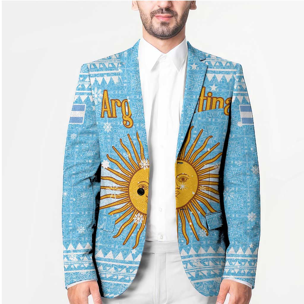 Argentina Christmas Blazer with Blue-White Snowflake Pattern, Sun Emblem, and Map Motif - Wonder Print Shop