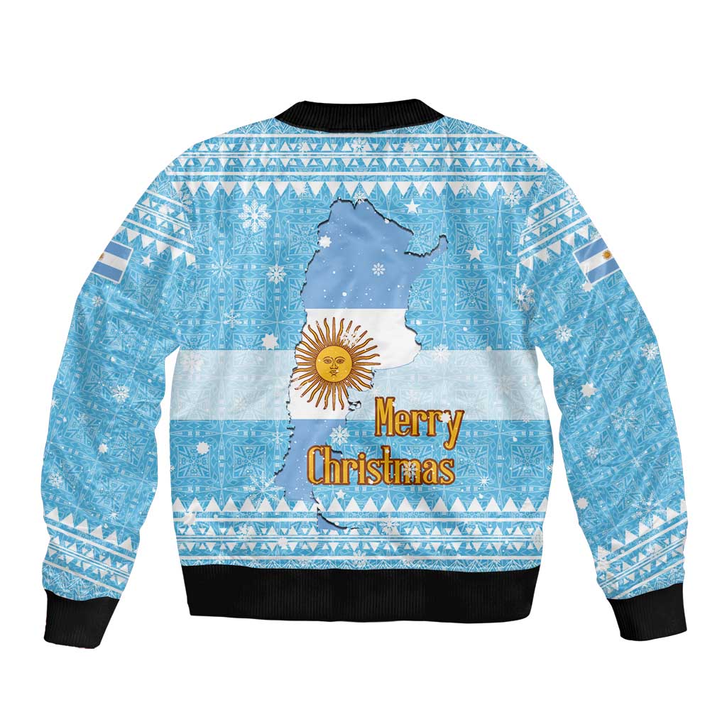 Argentina Christmas Bomber Jacket with Blue-White Snowflake Pattern, Sun Emblem, and Map Motif - Wonder Print Shop