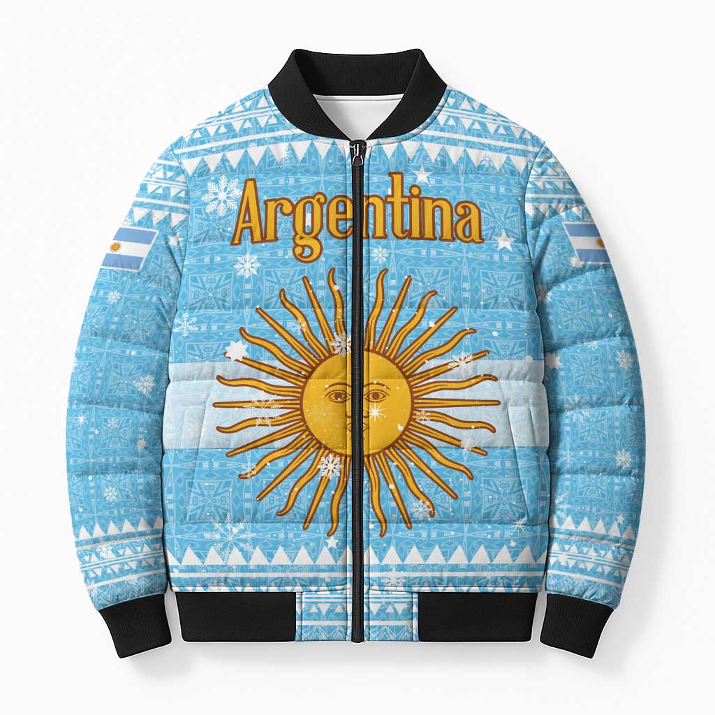 Argentina Christmas Bomber Puffer Jacket with Blue-White Snowflake Pattern, Sun Emblem, and Map Motif - Wonder Print Shop