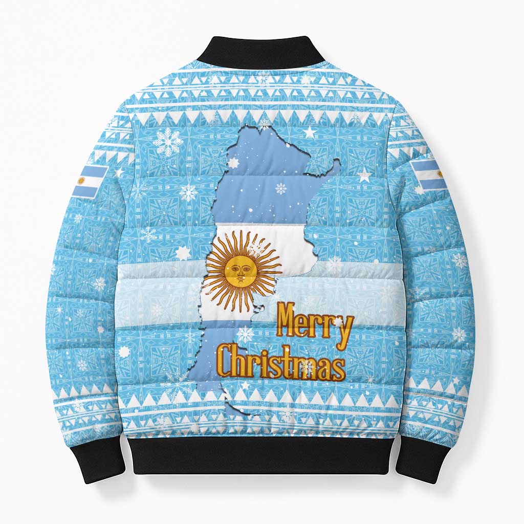 Argentina Christmas Bomber Puffer Jacket with Blue-White Snowflake Pattern, Sun Emblem, and Map Motif - Wonder Print Shop