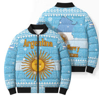 Argentina Christmas Bomber Puffer Jacket with Blue-White Snowflake Pattern, Sun Emblem, and Map Motif - Wonder Print Shop