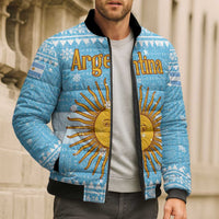 Argentina Christmas Bomber Puffer Jacket with Blue-White Snowflake Pattern, Sun Emblem, and Map Motif - Wonder Print Shop