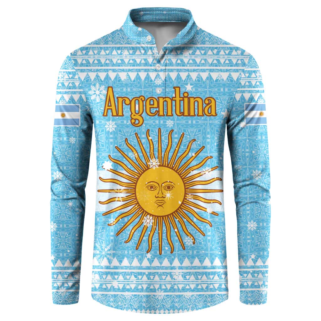 Argentina Christmas Button Sweatshirt with Blue-White Snowflake Pattern, Sun Emblem, and Map Motif - Wonder Print Shop