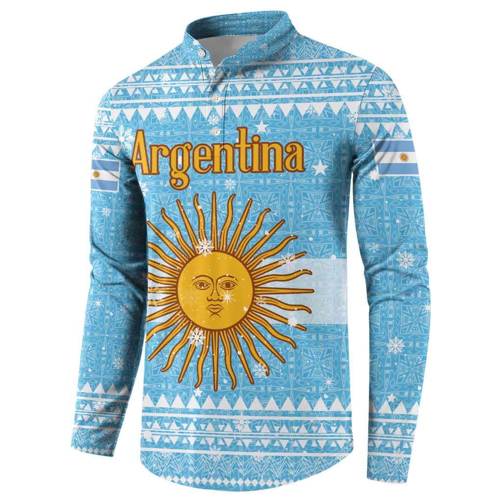 Argentina Christmas Button Sweatshirt with Blue-White Snowflake Pattern, Sun Emblem, and Map Motif - Wonder Print Shop