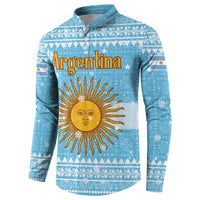 Argentina Christmas Button Sweatshirt with Blue-White Snowflake Pattern, Sun Emblem, and Map Motif - Wonder Print Shop