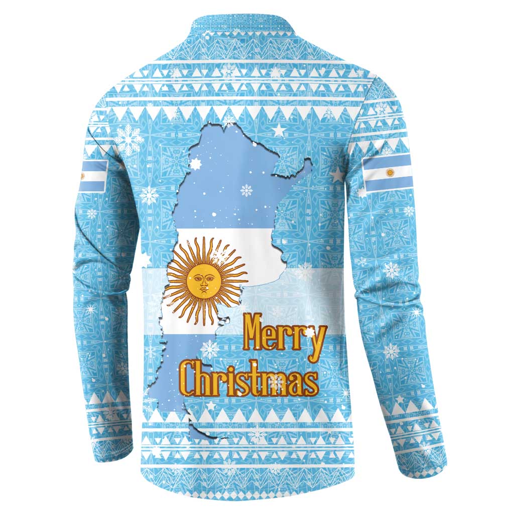 Argentina Christmas Button Sweatshirt with Blue-White Snowflake Pattern, Sun Emblem, and Map Motif - Wonder Print Shop