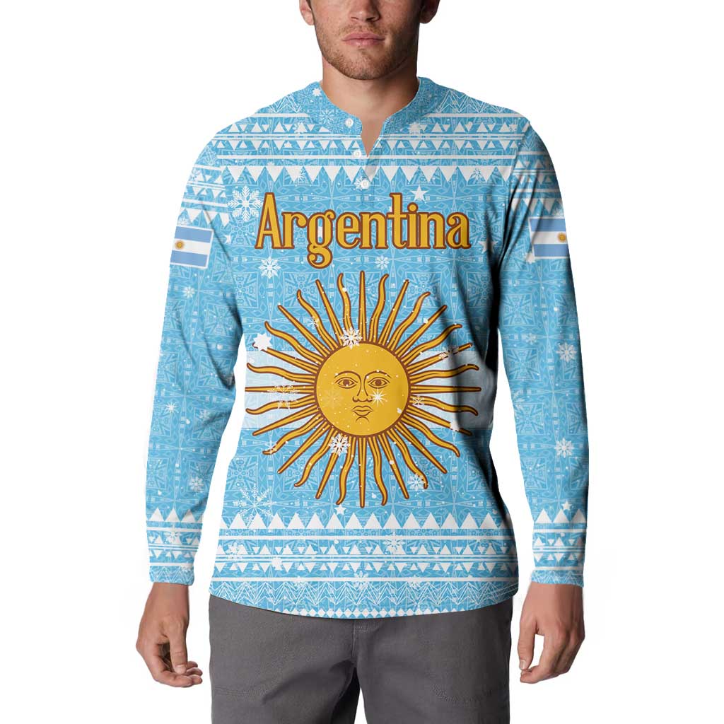 Argentina Christmas Button Sweatshirt with Blue-White Snowflake Pattern, Sun Emblem, and Map Motif - Wonder Print Shop