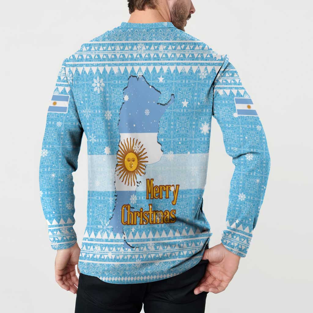 Argentina Christmas Button Sweatshirt with Blue-White Snowflake Pattern, Sun Emblem, and Map Motif - Wonder Print Shop